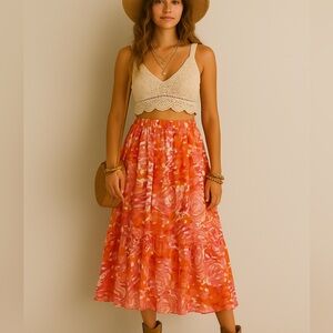 Coldwater Creek Orange Pink Tiered Midi Skirt